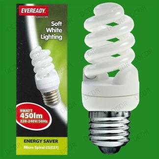 12x 9W Low Energy CFL Micro Spiral 3500K Cool White Light Bulbs, ES, E27 Lamps