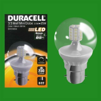 25x 3.5W (=25W) Dimmable Duracell LED Clear Mini Globe Light Bulb BC B22 Lamp