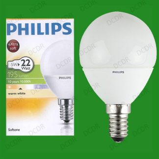 25x 5W Philips CFL Low Energy Round Golf Globe, SES E14 Light Bulbs, 2700K Lamps
