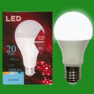 2x 20W (=150W) LED 4000K Cool White GLS ES E27 Edison Screw Light Bulb Lamp